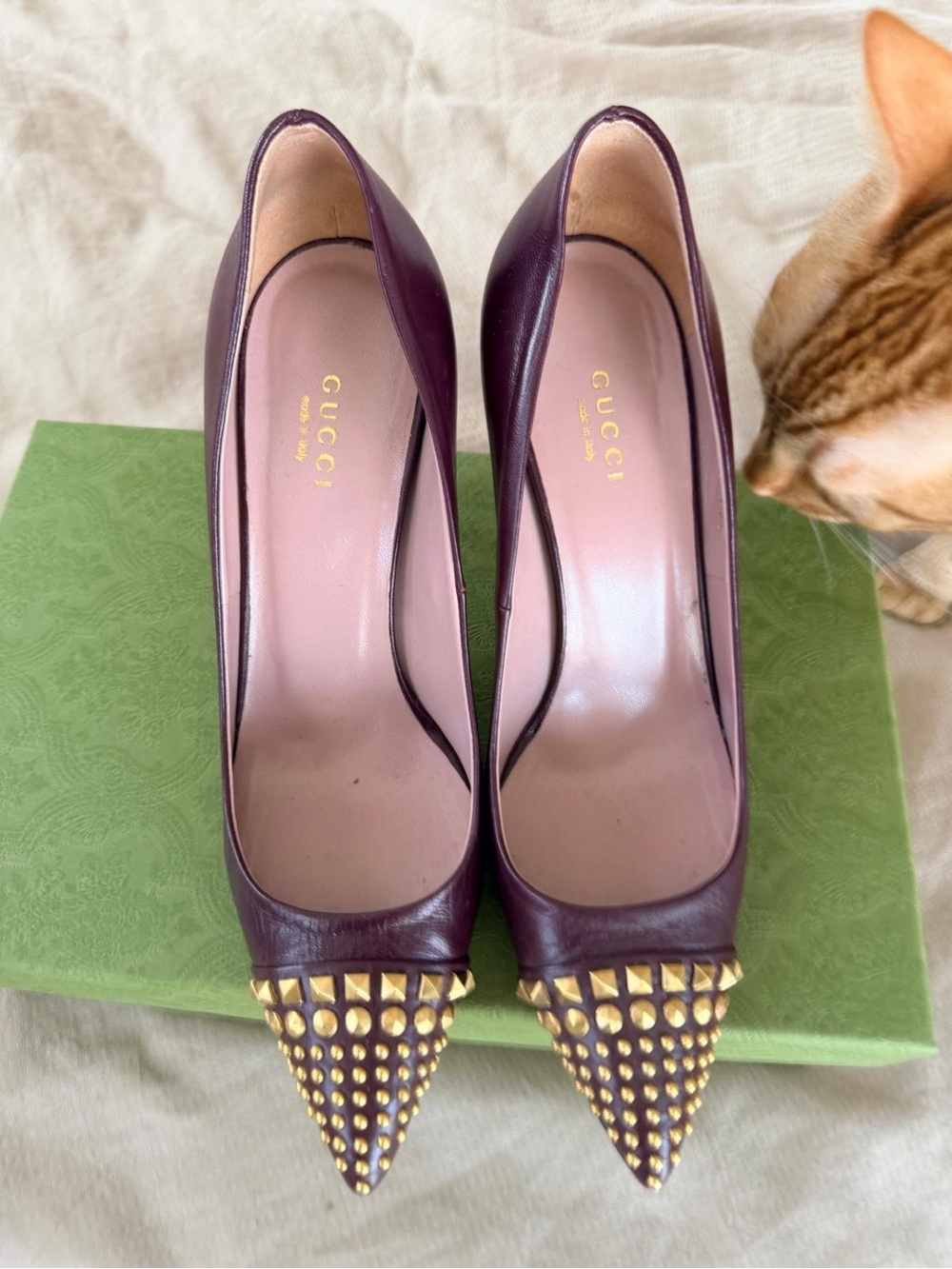 Gucci Women's Plum Leather Pointed Toe Studded Pumps